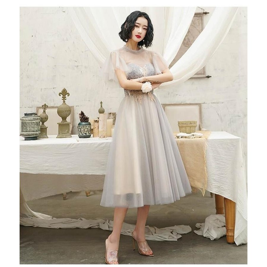 ブライズメイド ドレス 袖あり レディース ミモレ丈ドレス 花嫁の介添えドレス カラードレス プリン