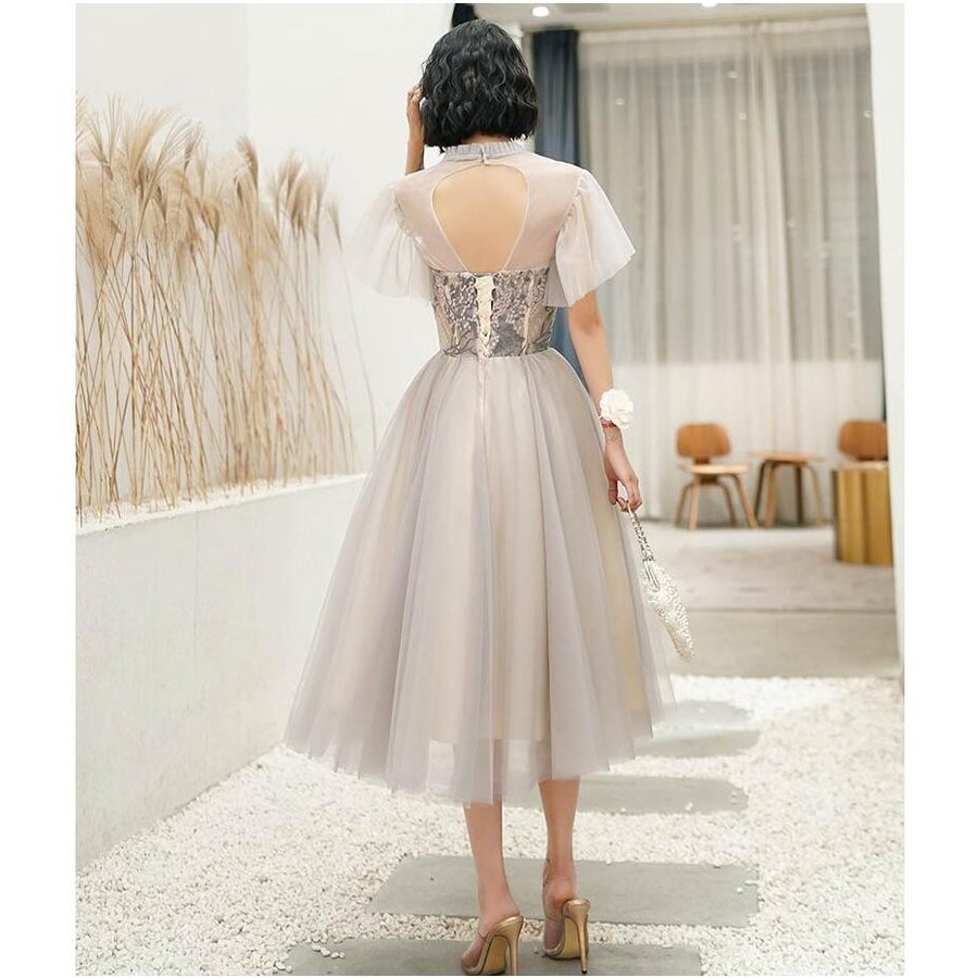 ブライズメイド ドレス 袖あり レディース ミモレ丈ドレス 花嫁の介添えドレス カラードレス プリン