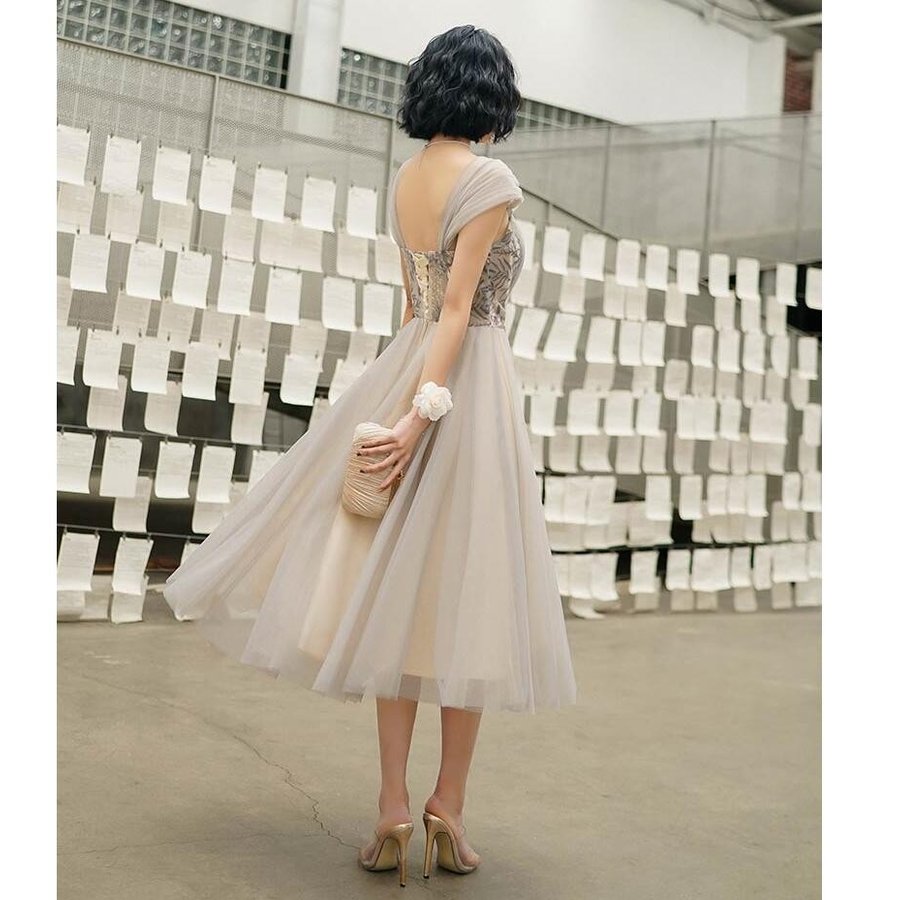 ブライズメイド ドレス 袖あり レディース ミモレ丈ドレス 花嫁の介添えドレス カラードレス プリン