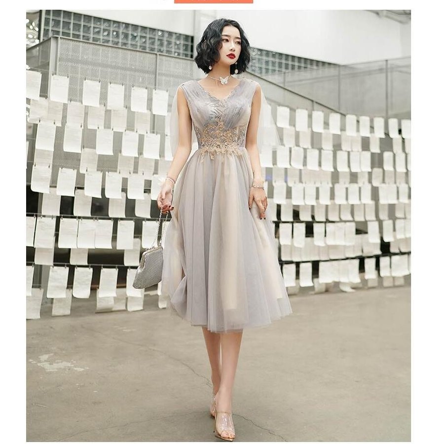 ブライズメイド ドレス 袖あり レディース ミモレ丈ドレス 花嫁の介添えドレス カラードレス プリン