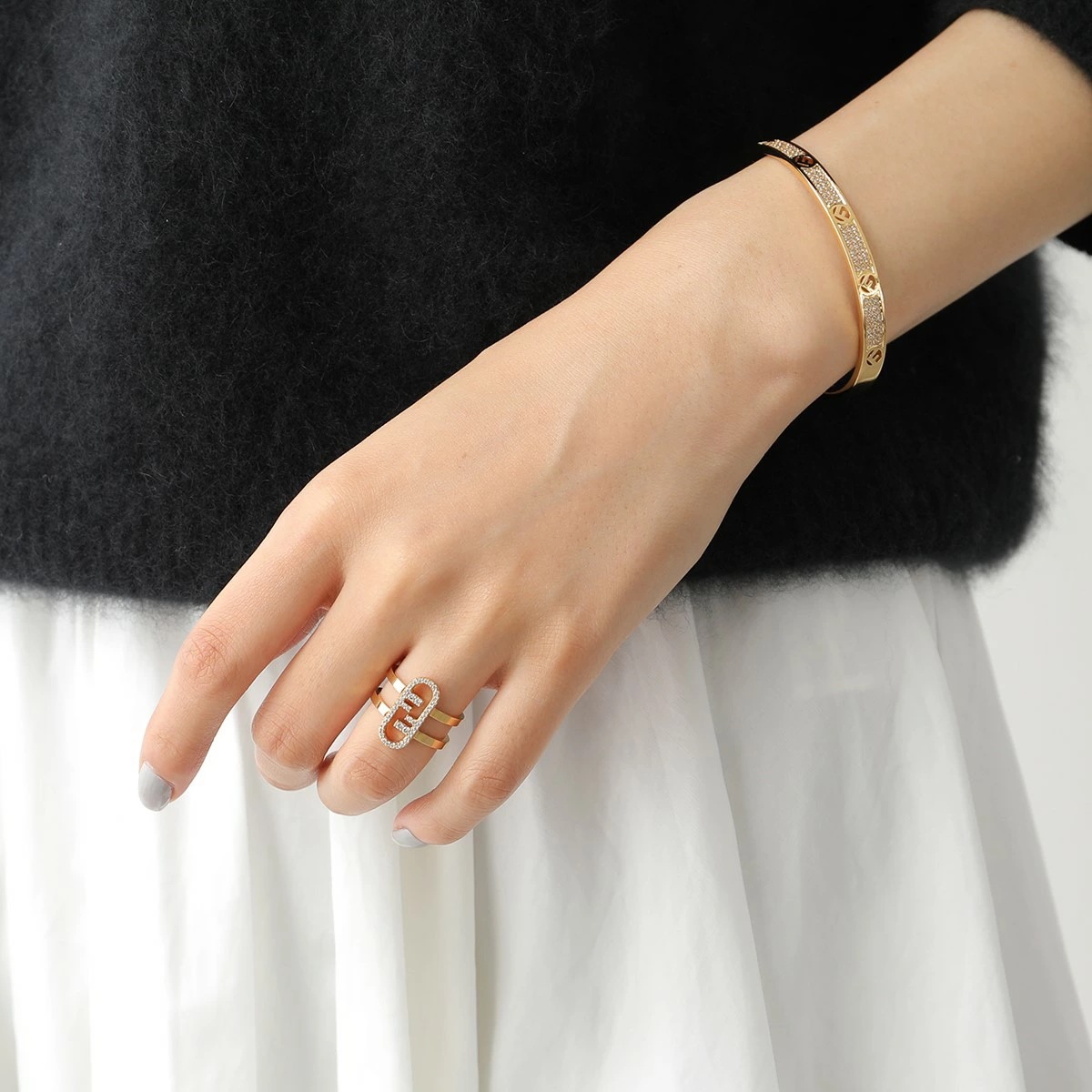 FENDI フェンディ リング O’LOCK オーロック 8AH425 A44G レディース メタル クリスタル アクセサリー 指輪 F089U/SOFT-GOLD+CRYSTAL