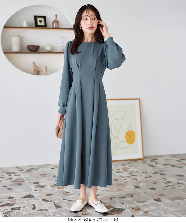 Qoo10] 長袖 ウエストタック ワンピース レディ