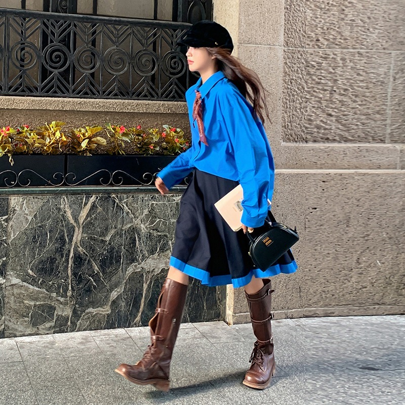 2024 ニュークラインブルースーパーホワイトシャツパッチワークハーフスカートセット 2024 ニュークラインブルースーパーホワイトシャツパッチワークハーフスカートセット