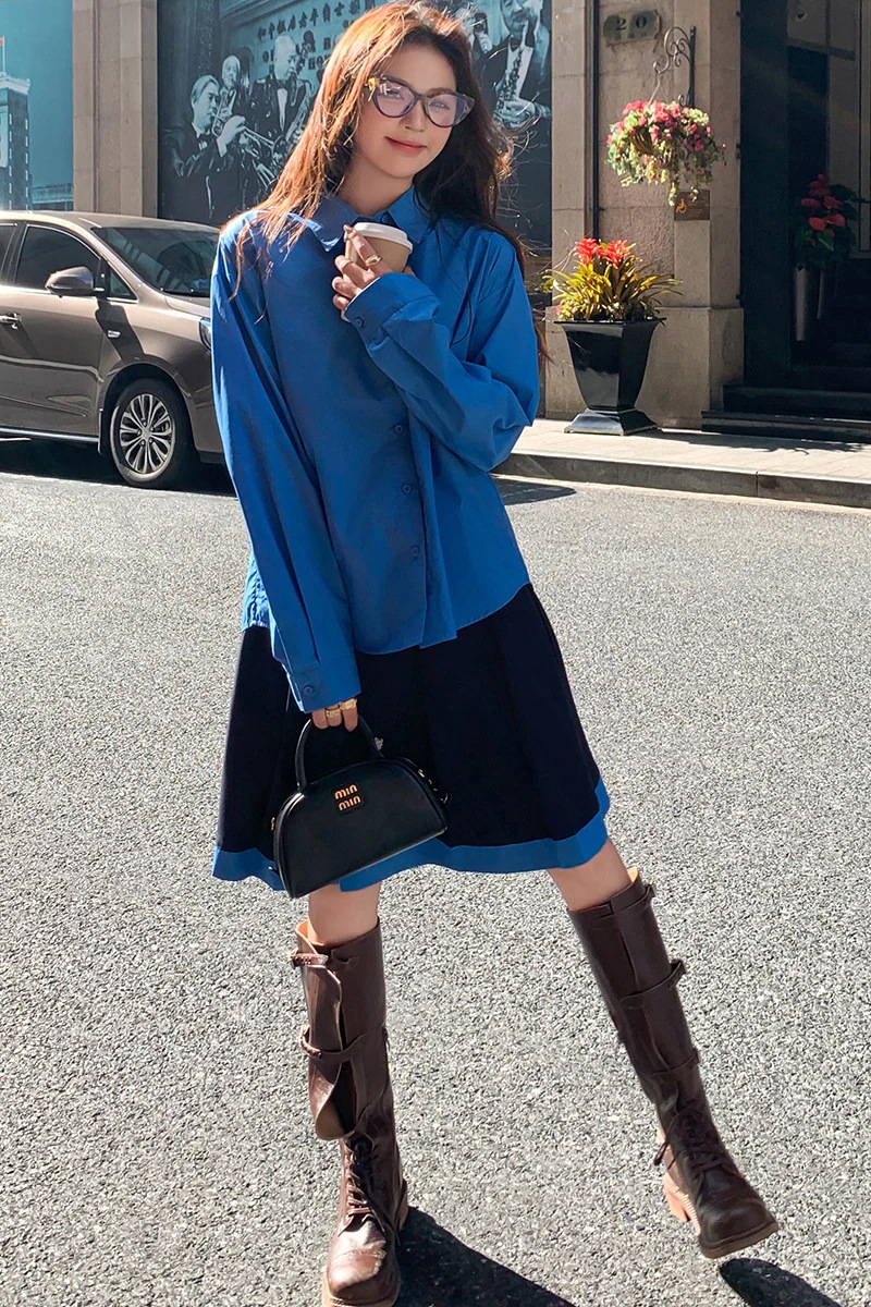 2024 ニュークラインブルースーパーホワイトシャツパッチワークハーフスカートセット 2024 ニュークラインブルースーパーホワイトシャツパッチワークハーフスカートセット