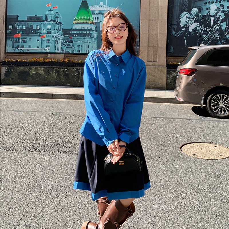 2024 ニュークラインブルースーパーホワイトシャツパッチワークハーフスカートセット 2024 ニュークラインブルースーパーホワイトシャツパッチワークハーフスカートセット