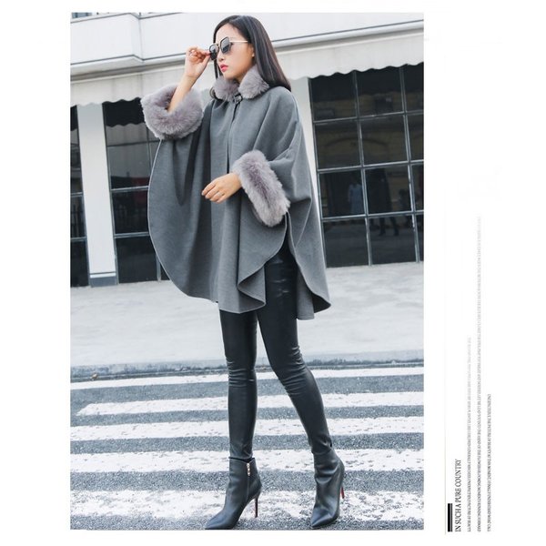 マントコート レディース ポンチョ フェイクファー付き ドルマンスリーブ アウター ポンチョコート