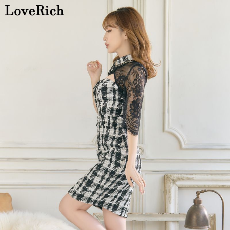 【SMLサイズ】ツイード チェーン 襟 レース チェック柄 袖あり 谷間魅せ タイト ミニドレス キャバドレス [1236]