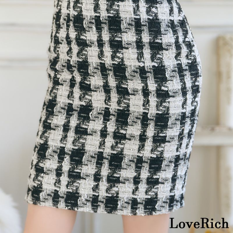 【SMLサイズ】ツイード チェーン 襟 レース チェック柄 袖あり 谷間魅せ タイト ミニドレス キャバドレス [1236]