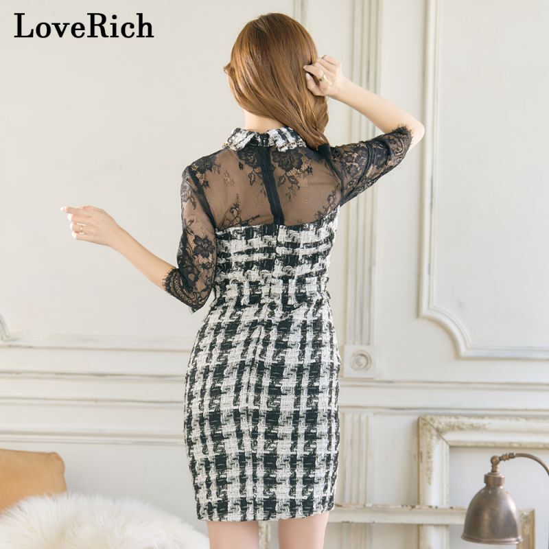 【SMLサイズ】ツイード チェーン 襟 レース チェック柄 袖あり 谷間魅せ タイト ミニドレス キャバドレス [1236]