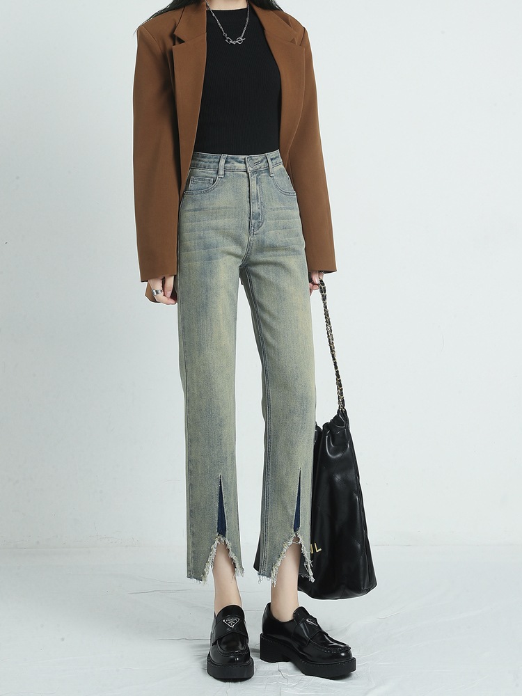 春春冬春新作淡色ストレートジーンズ女性ルーズハイウエストオープlンサブデザインニッチ潮