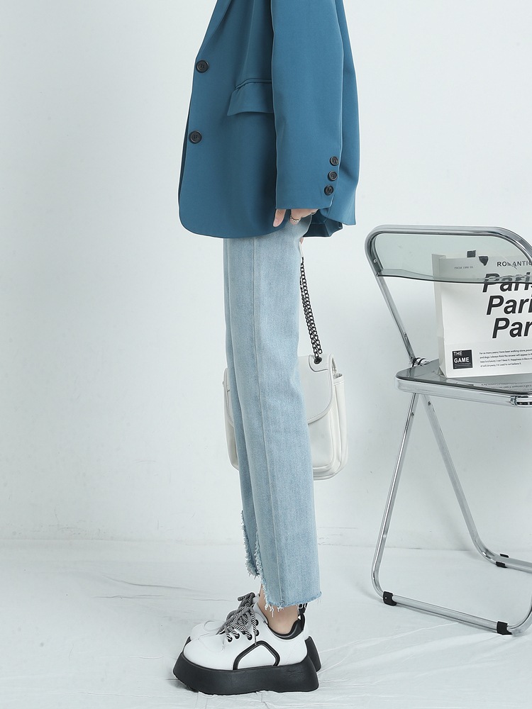 春春冬春新作淡色ストレートジーンズ女性ルーズハイウエストオープlンサブデザインニッチ潮