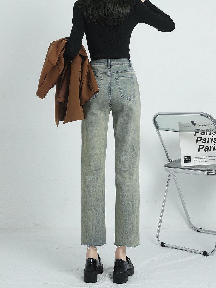 春春冬春新作淡色ストレートジーンズ女性ルーズハイウエストオープlンサブデザインニッチ潮