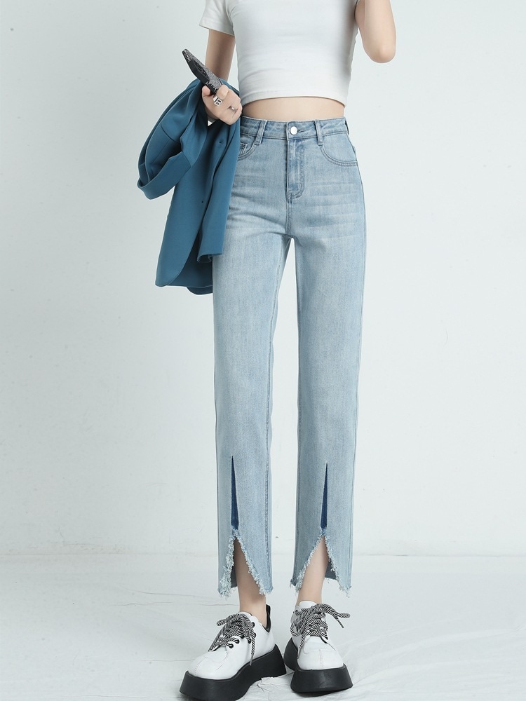 春春冬春新作淡色ストレートジーンズ女性ルーズハイウエストオープlンサブデザインニッチ潮