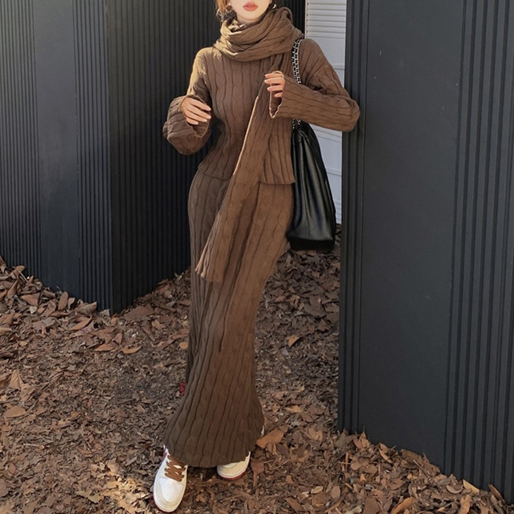 セットアップ ニット トップス ロングスカート マフラー レディース チェーン柄 フィッシュテール 長袖 クルーネック スリム 大人可愛い おしゃれ エレガント 秋 冬 通勤 デート お出かけ 休日