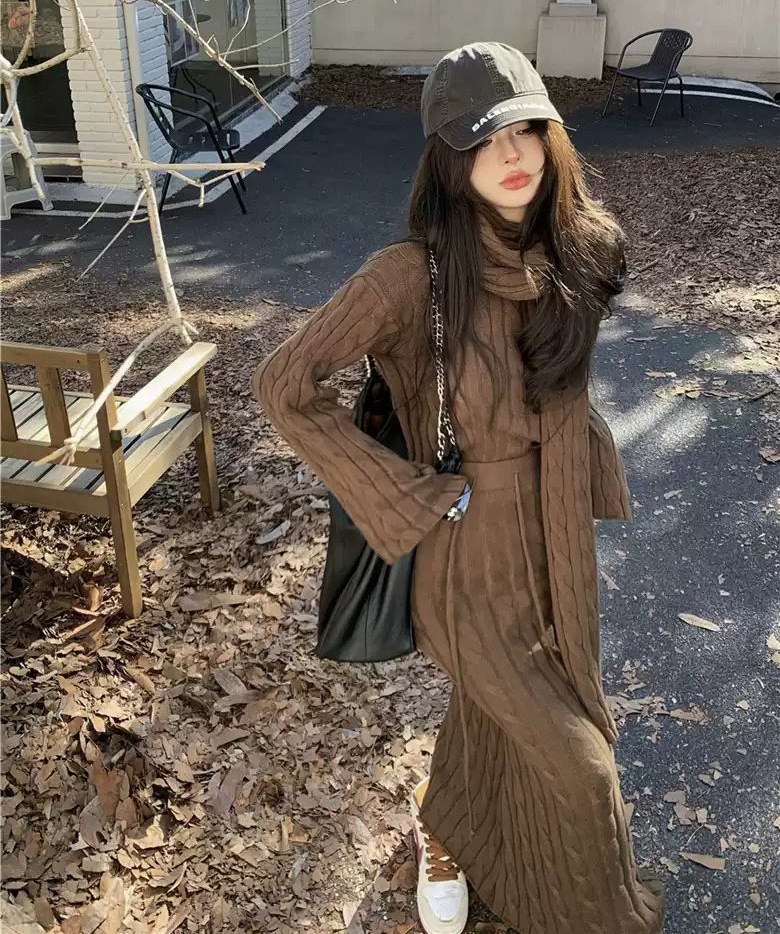 セットアップ ニット トップス ロングスカート マフラー レディース チェーン柄 フィッシュテール 長袖 クルーネック スリム 大人可愛い おしゃれ エレガント 秋 冬 通勤 デート お出かけ 休日