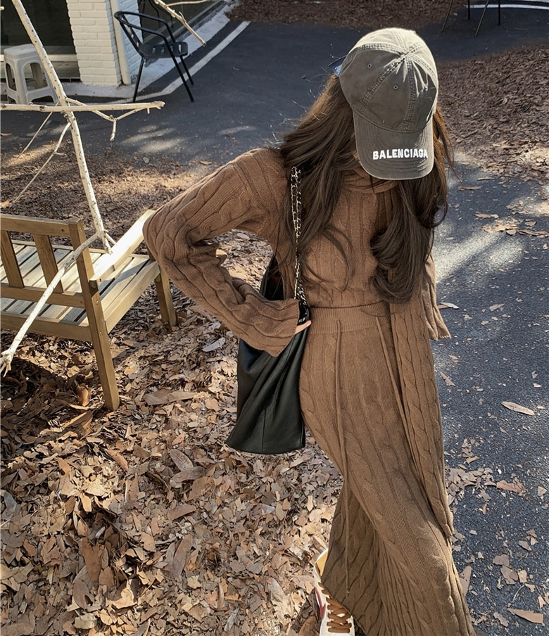 セットアップ ニット トップス ロングスカート マフラー レディース チェーン柄 フィッシュテール 長袖 クルーネック スリム 大人可愛い おしゃれ エレガント 秋 冬 通勤 デート お出かけ 休日