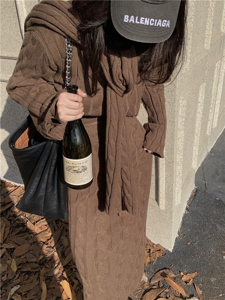 セットアップ ニット トップス ロングスカート マフラー レディース チェーン柄 フィッシュテール 長袖 クルーネック スリム 大人可愛い おしゃれ エレガント 秋 冬 通勤 デート お出かけ 休日