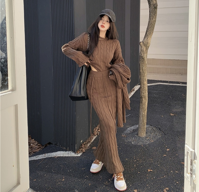 セットアップ ニット トップス ロングスカート マフラー レディース チェーン柄 フィッシュテール 長袖 クルーネック スリム 大人可愛い おしゃれ エレガント 秋 冬 通勤 デート お出かけ 休日