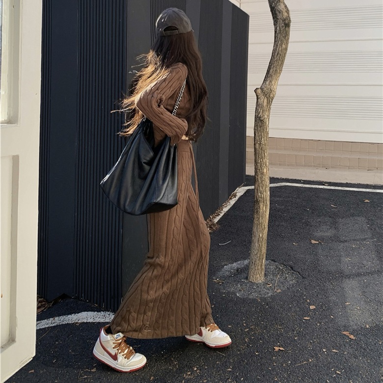 セットアップ ニット トップス ロングスカート マフラー レディース チェーン柄 フィッシュテール 長袖 クルーネック スリム 大人可愛い おしゃれ エレガント 秋 冬 通勤 デート お出かけ 休日