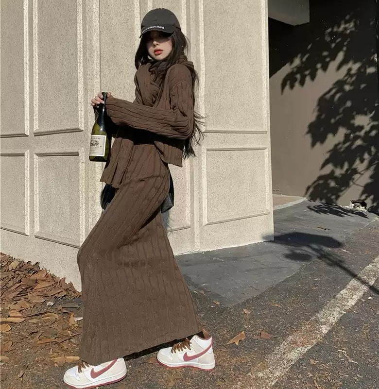 セットアップ ニット トップス ロングスカート マフラー レディース チェーン柄 フィッシュテール 長袖 クルーネック スリム 大人可愛い おしゃれ エレガント 秋 冬 通勤 デート お出かけ 休日