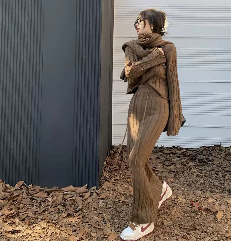 セットアップ ニット トップス ロングスカート マフラー レディース チェーン柄 フィッシュテール 長袖 クルーネック スリム 大人可愛い おしゃれ エレガント 秋 冬 通勤 デート お出かけ 休日