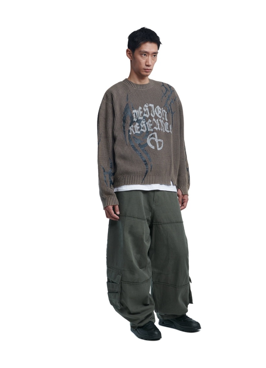 NOMANUAL】 OVERDYED TRIBAL KNIT SWEATER : KHAKI
