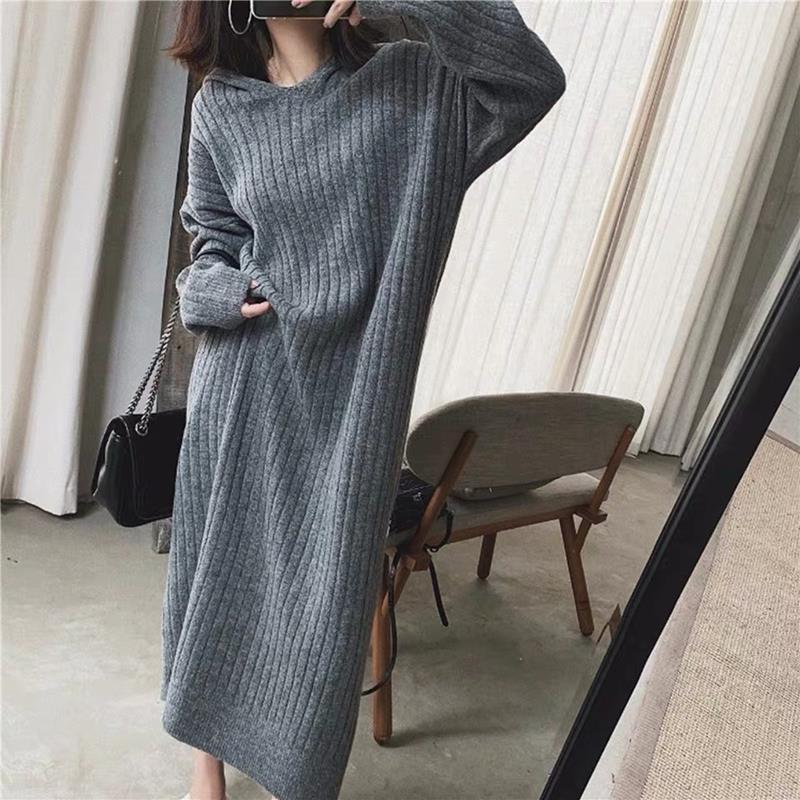 ワンピース ロングスカート リブスカート ロング ロング丈 足首丈 袖あり 長袖 ラウンドネック フード付き スリム タイト 細身 ストレート スマート ブラック ブラウン グレー 個性的