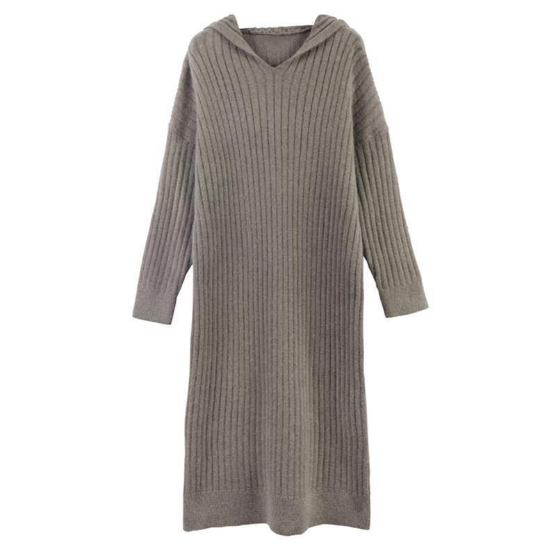 ワンピース ロングスカート リブスカート ロング ロング丈 足首丈 袖あり 長袖 ラウンドネック フード付き スリム タイト 細身 ストレート スマート ブラック ブラウン グレー 個性的