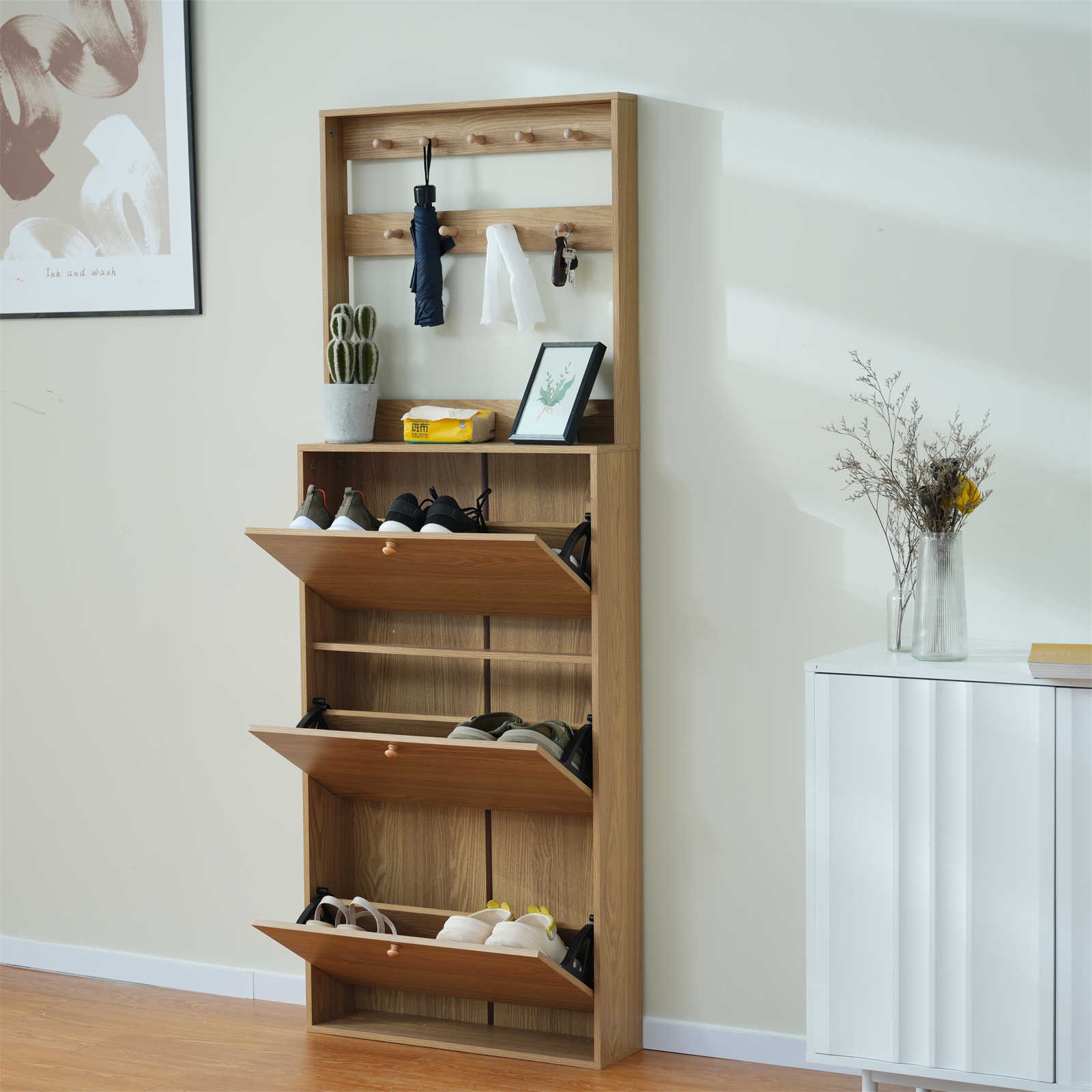 【日本国内出荷-3日で配達】2色 韓国版 シューズラック スリム 靴箱 下駄箱 薄型 3段 フック付き くつ箱 靴入れ 収納ラック エントランス 靴収納 消臭 靴収納棚 木製 おしゃれDJYC18 【日本国内出荷-3日で配達】2色 韓国版 シューズラック スリム 靴箱 下駄箱 薄型 3段 フック付き くつ箱 靴入れ 収納ラック エントランス 靴収納 消臭 靴収納棚 木製 おしゃれDJYC18