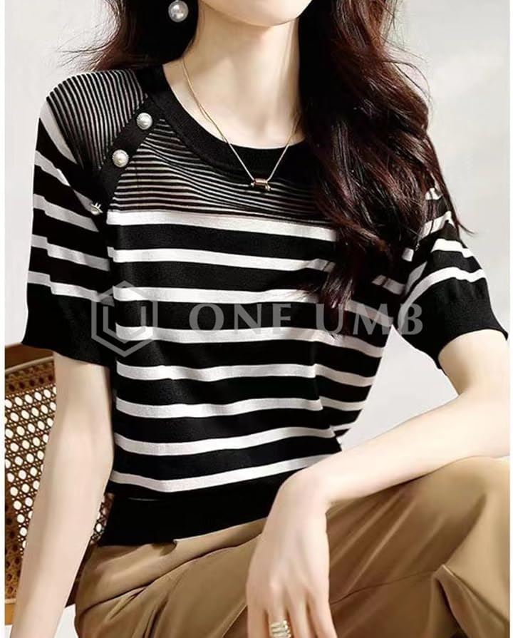 シアーニット 半袖 ボーダー きれいめ レディース 夏 トップス ボーダーニット 薄手 シースルー バイカラー(ブラック, M) シアーニット 半袖 ボーダー きれいめ レディース 夏 トップス ボーダーニット 薄手 シースルー バイカラー(ブラック, M)