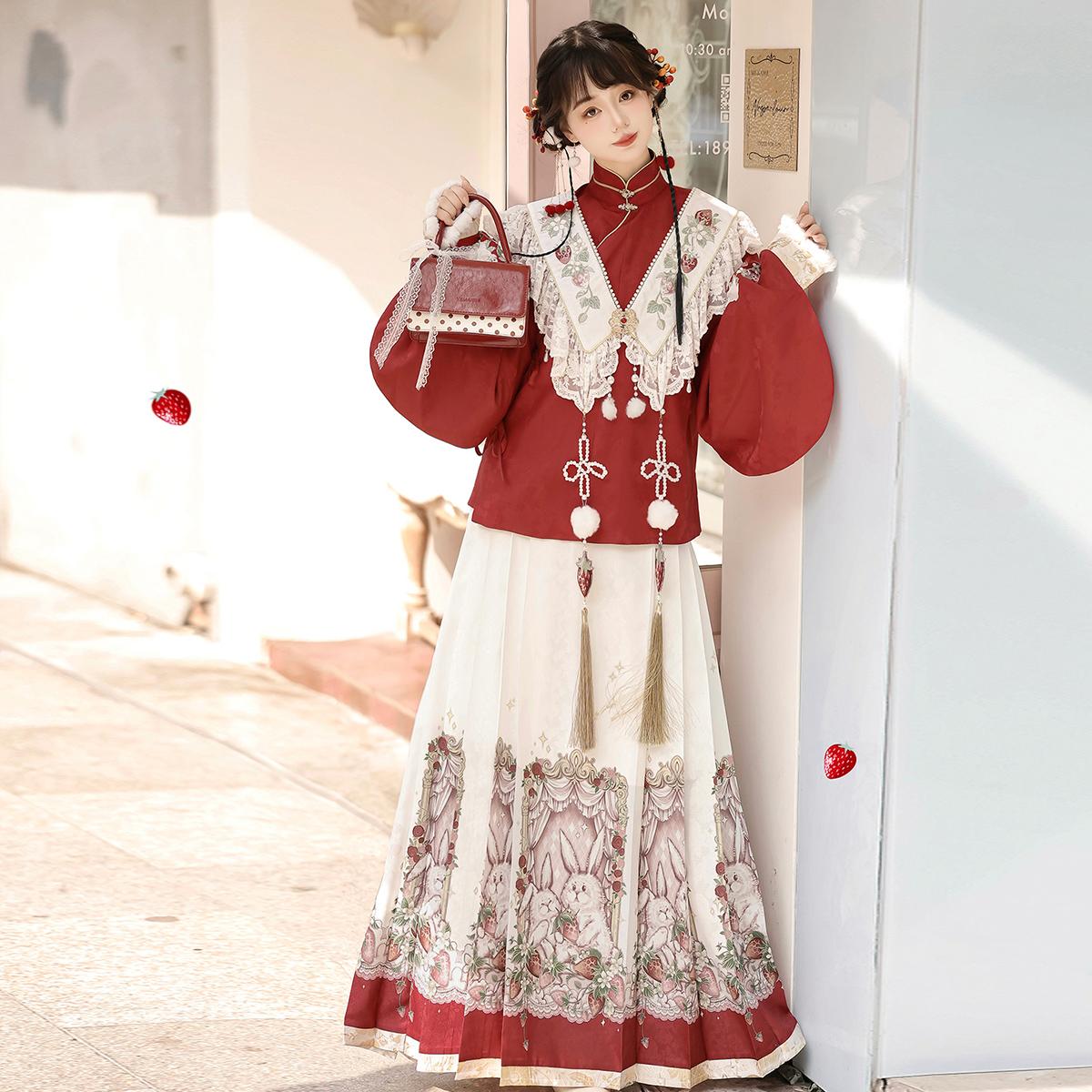 【フルセット】いちごウサギ新韓国cos要素偽襟上着半スカートcos服セット