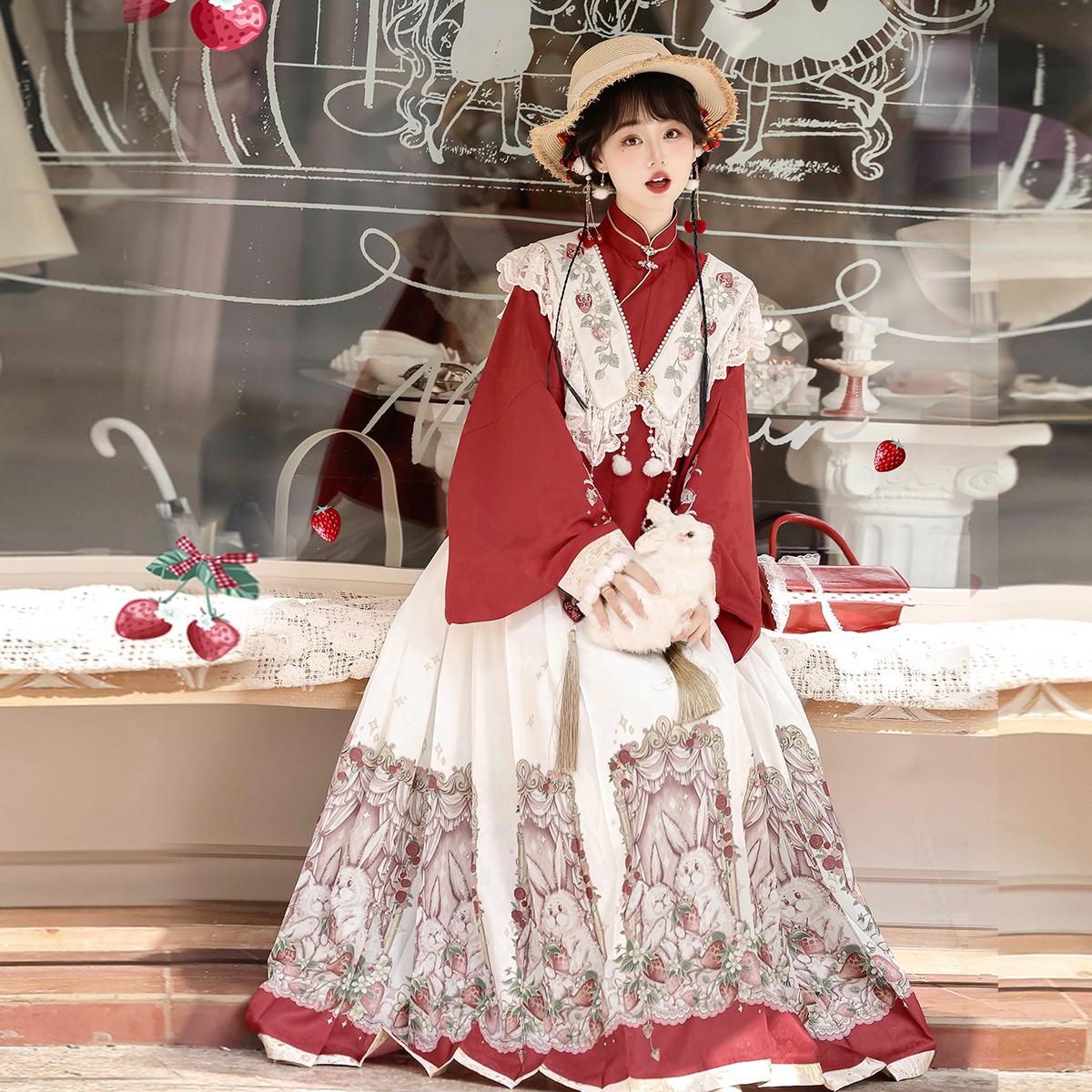 【フルセット】いちごウサギ新韓国cos要素偽襟上着半スカートcos服セット