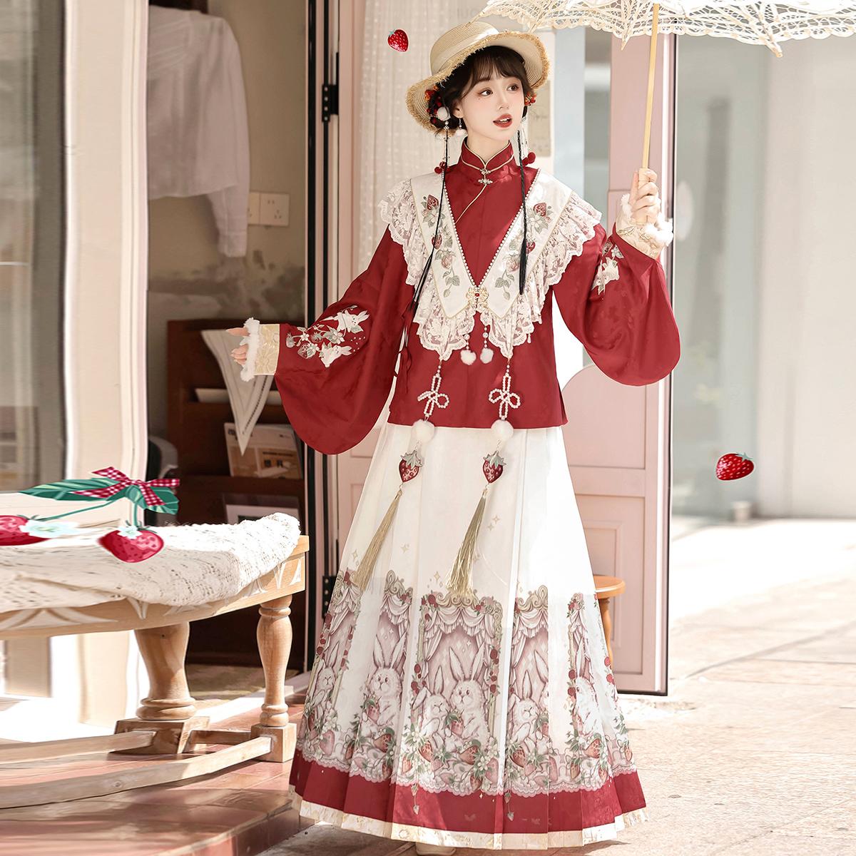 【フルセット】いちごウサギ新韓国cos要素偽襟上着半スカートcos服セット