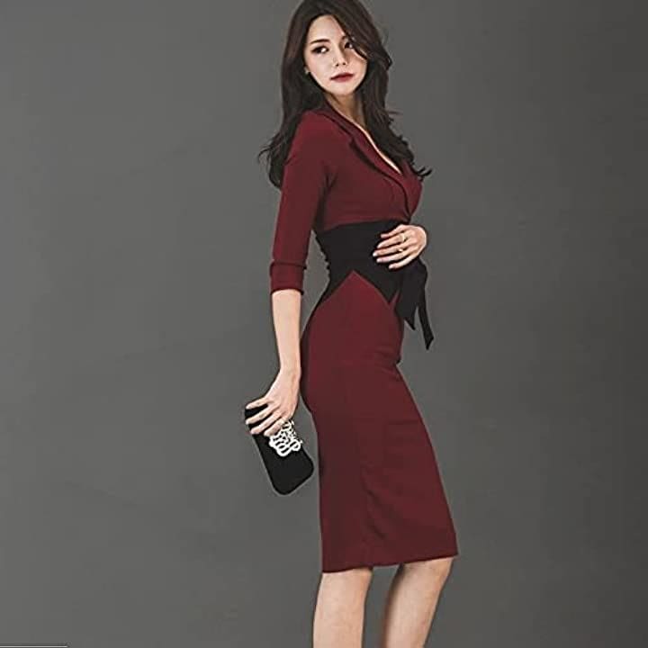 ジャケット ワンピース ディープVネック タイト ミディ クラブドレス 七分袖 スリット レディース(ワインレッド, XL)