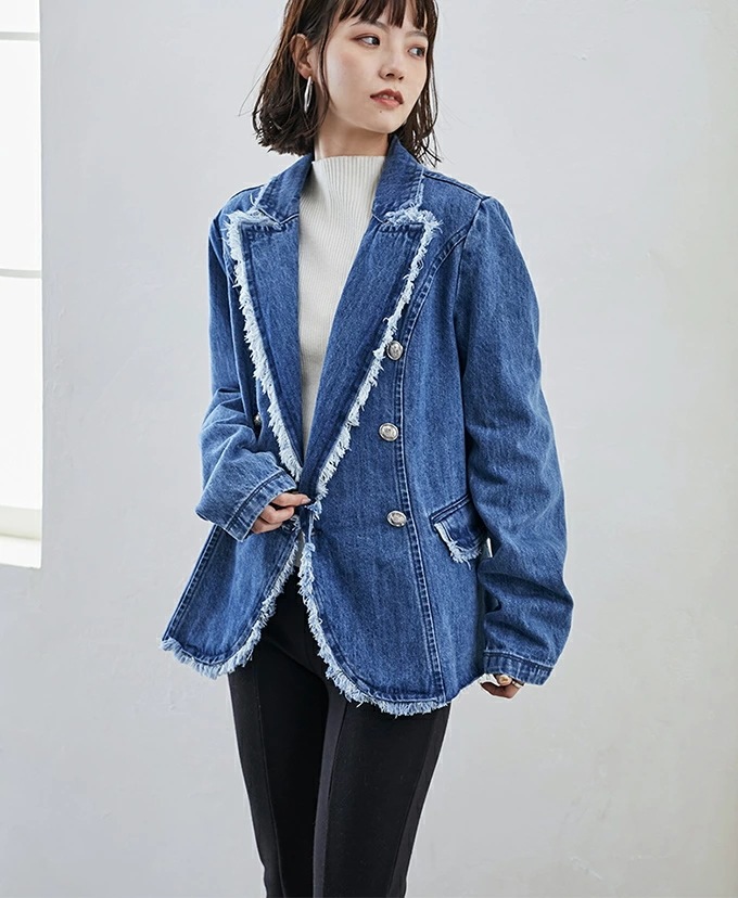 【即納】デニムジャケット レディース ノーカラー アウター コート トップス フリンジ コットン ジャケット スプリングコート 【即納】デニムジャケット レディース ノーカラー アウター コート トップス フリンジ コットン ジャケット スプリングコート