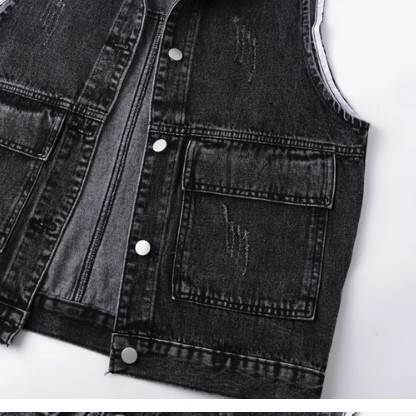 ベスト アウター デニムベスト ジャケット レディース 袖なし ポロ襟 無地 切り替えデザイン 春 秋 レギュラー丈 チョッキ 前開き シングルブレスト ノースリーブ かわいい きれいめ ワイルド 大