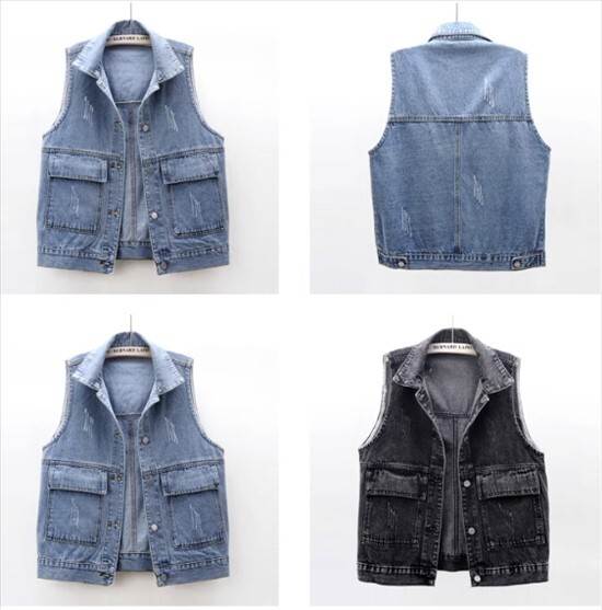 ベスト アウター デニムベスト ジャケット レディース 袖なし ポロ襟 無地 切り替えデザイン 春 秋 レギュラー丈 チョッキ 前開き シングルブレスト ノースリーブ かわいい きれいめ ワイルド 大