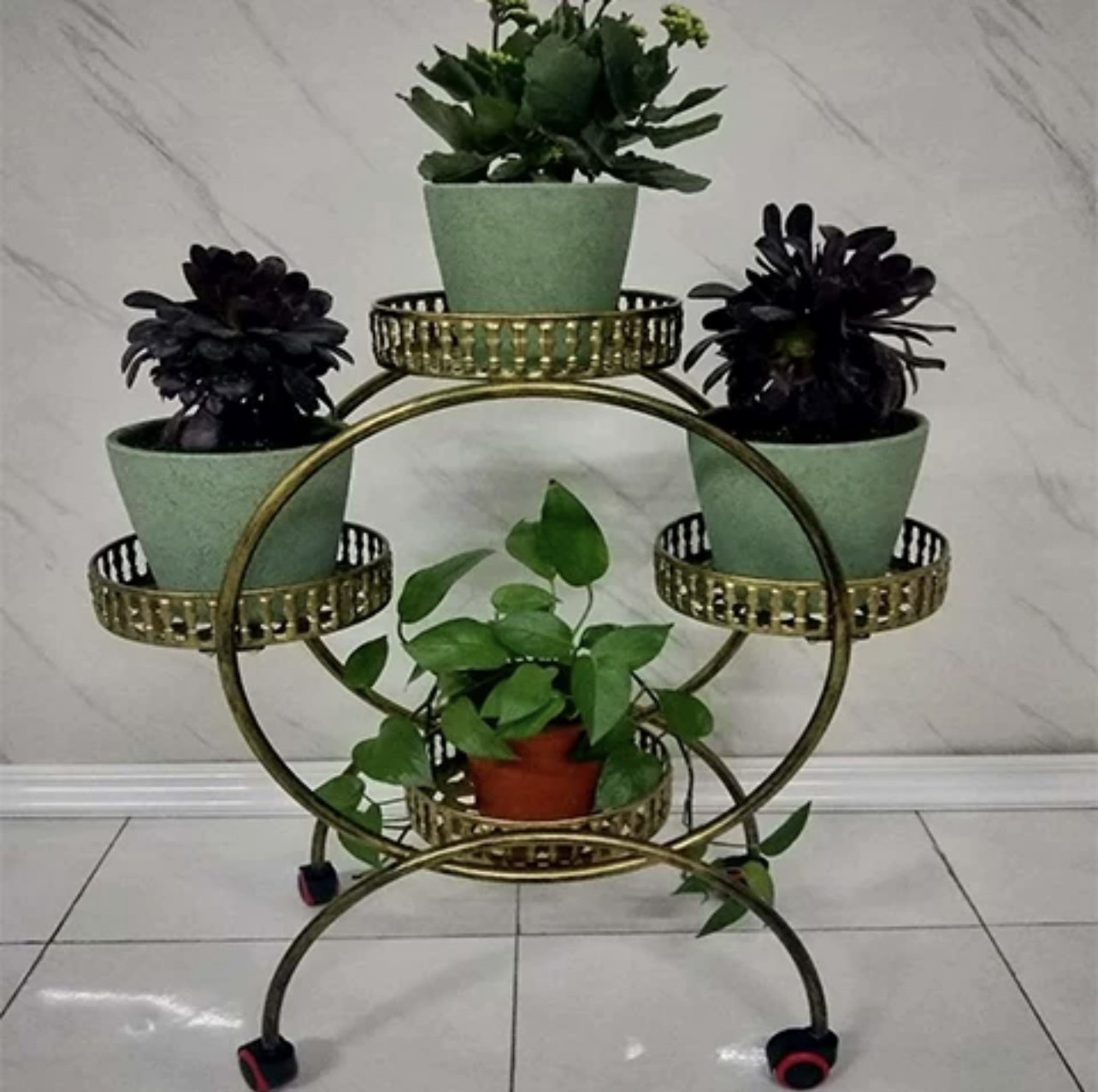 フラワースタンド 3段 フラワーラック 4トレイ 丸形 花台 アイアン 室内 庭 キャスター付き おしゃれ かわいい インテリア プレゼント