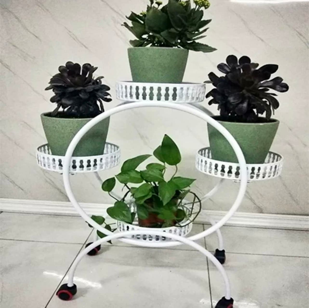 フラワースタンド 3段 フラワーラック 4トレイ 丸形 花台 アイアン 室内 庭 キャスター付き おしゃれ かわいい インテリア プレゼント