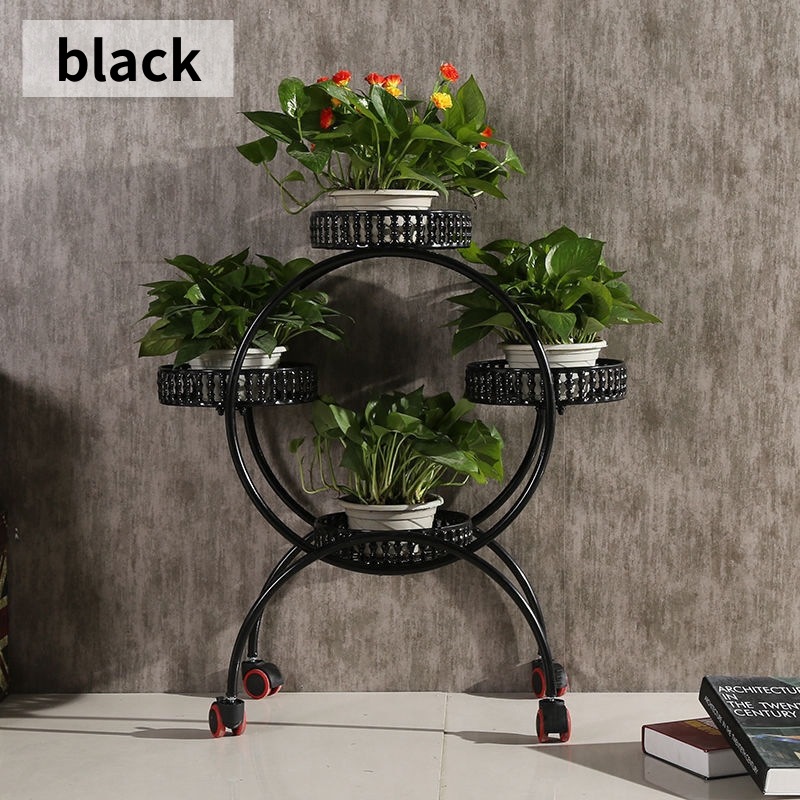 フラワースタンド 3段 フラワーラック 4トレイ 丸形 花台 アイアン 室内 庭 キャスター付き おしゃれ かわいい インテリア プレゼント