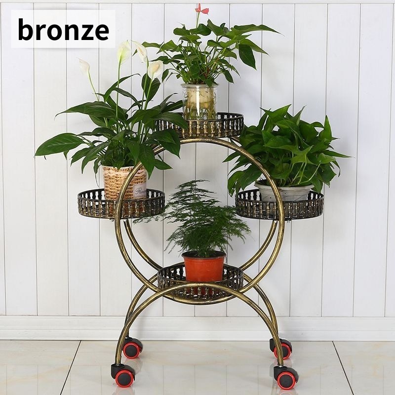 フラワースタンド 3段 フラワーラック 4トレイ 丸形 花台 アイアン 室内 庭 キャスター付き おしゃれ かわいい インテリア プレゼント