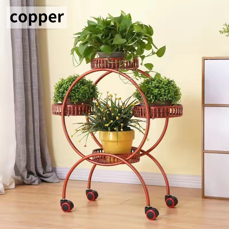フラワースタンド 3段 フラワーラック 4トレイ 丸形 花台 アイアン 室内 庭 キャスター付き おしゃれ かわいい インテリア プレゼント