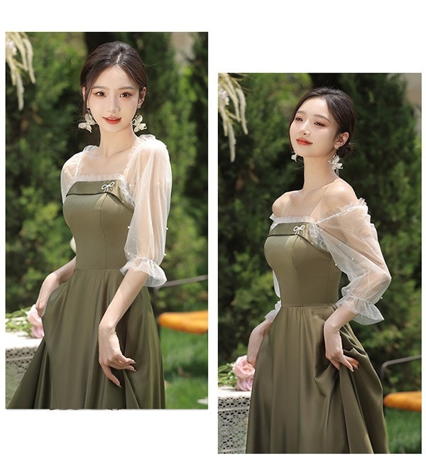 グリーン 袖付き 二次会 大きいサイズ 結婚式 体型カバー 半袖 フリル オフショルダー 謝恩会 二次会 卒業式 花嫁 ピアノ 発表会 ドレス 演奏会 20代 30代 ブライズメイド ドレス ロング丈