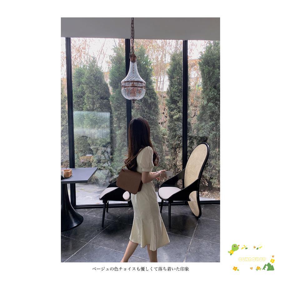 マーメイド 半袖ワンピース 夏 レディース ワンピース パフスリーブ マーメイドワンピース レトロ スクエアネック デコルテ見せ ミディ丈