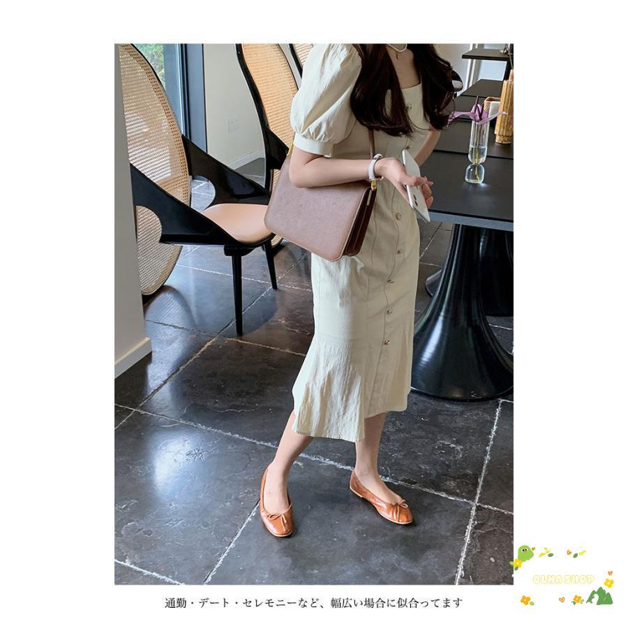 マーメイド 半袖ワンピース 夏 レディース ワンピース パフスリーブ マーメイドワンピース レトロ スクエアネック デコルテ見せ ミディ丈