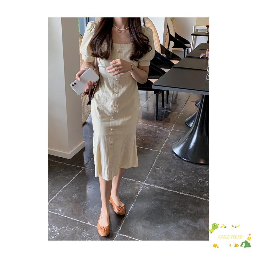 マーメイド 半袖ワンピース 夏 レディース ワンピース パフスリーブ マーメイドワンピース レトロ スクエアネック デコルテ見せ ミディ丈