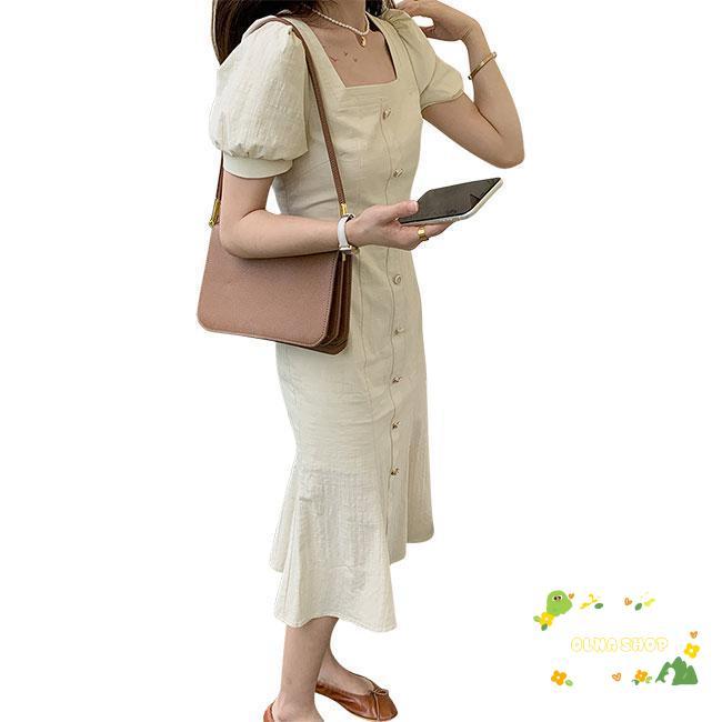 マーメイド 半袖ワンピース 夏 レディース ワンピース パフスリーブ マーメイドワンピース レトロ スクエアネック デコルテ見せ ミディ丈