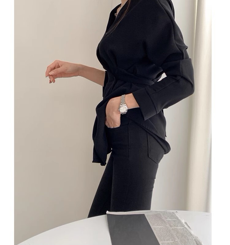 ウエストシェイプ ペプラム調 トップス ブラウス ミディアム丈 長袖 襟なし Vネック カシュクール ウエストマーク バックリボン バックシャン バックコンシャス 切り替えデザイン ハイウエスト