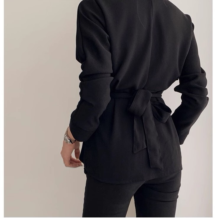 ウエストシェイプ ペプラム調 トップス ブラウス ミディアム丈 長袖 襟なし Vネック カシュクール ウエストマーク バックリボン バックシャン バックコンシャス 切り替えデザイン ハイウエスト