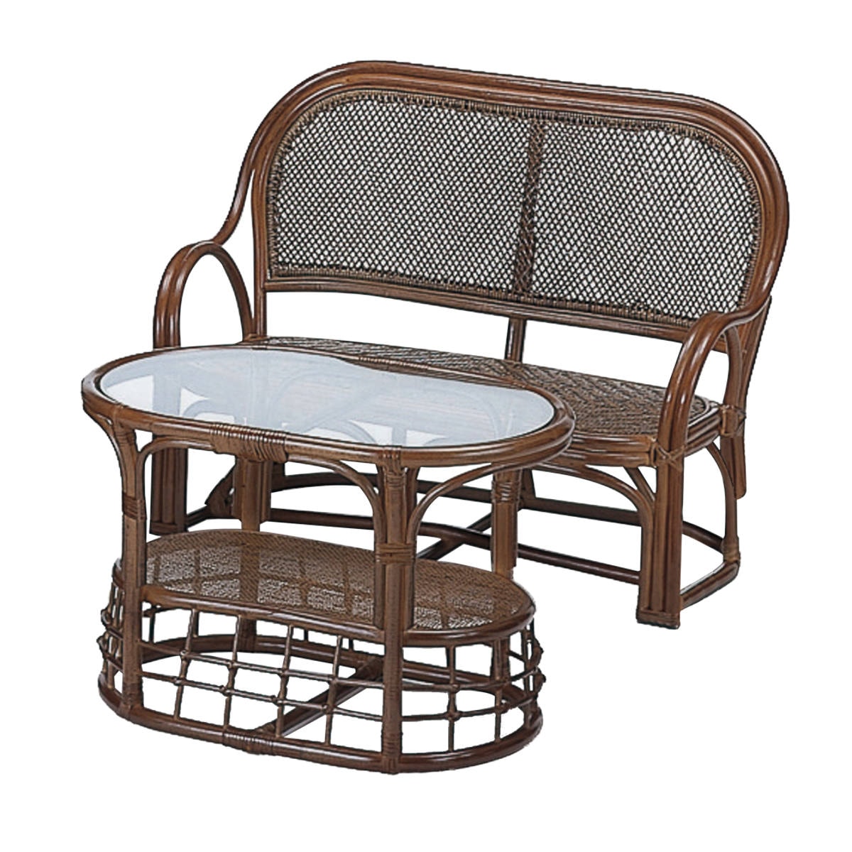 籐 リビング2点セット ラブソファ サイドテーブル ラタン ソファ 2人掛け チェア テーブル ラタン家具 ラタンチェア ガラステーブル 籐家具 センターテーブル リビングテーブル 和モダン